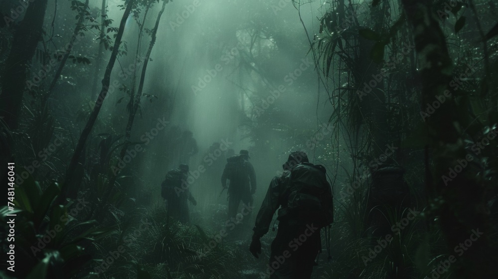 In the midst of a dense forest a group of explorers navigate through treacherous terrain struggling to keep footing as they face fierce winds and torrential rain. The