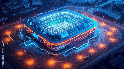 an isometric 3D smart stadium building with a highly technological aesthetic and a dynamic lighting scheme for a truly futuristic and technologically advanced sports arena. 