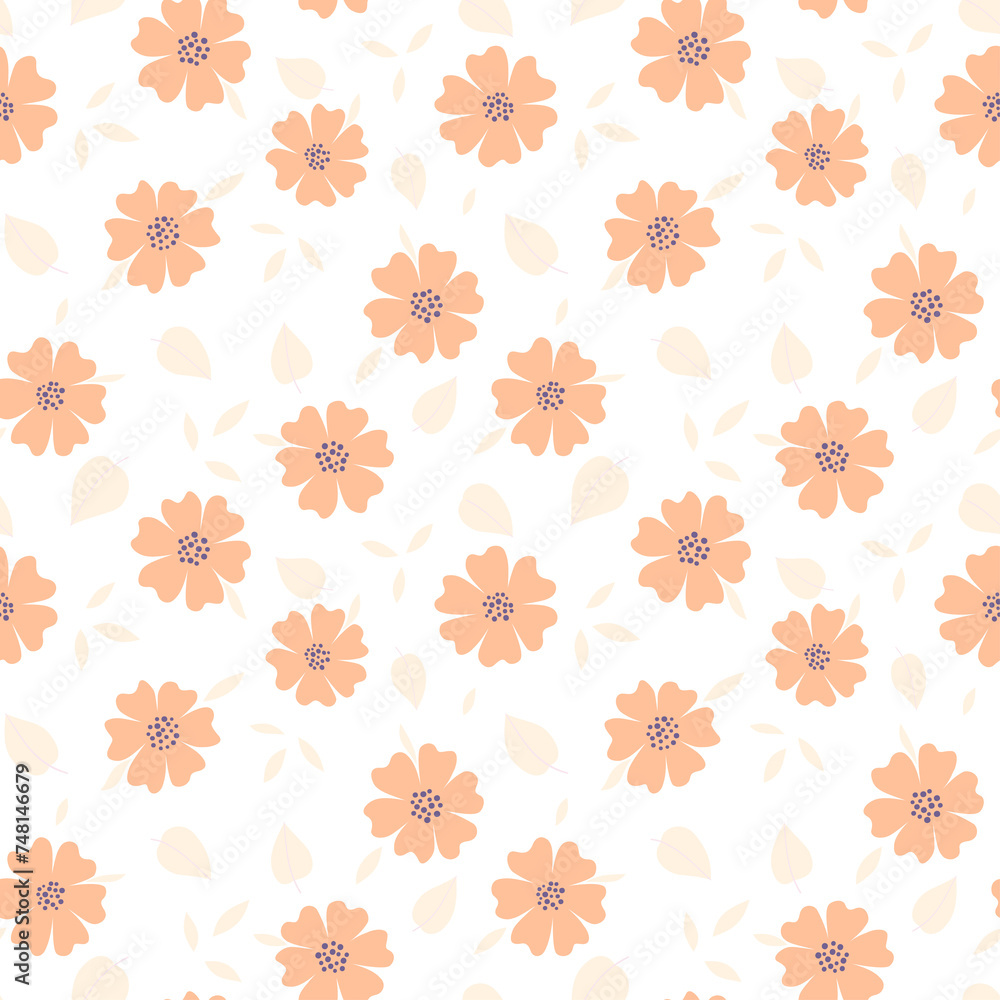 Seamless pattern with flowers and leaves in classic style. Pretty peach and violet colours floral background. Vector illustration for wallpaper, giftpapers, textile, design projects and cards. Seamless pattern with flowers and leaves in classic style. Pretty peach and violet colours floral background. Vector illustration for wallpaper, giftpapers, textile, design projects and cards.