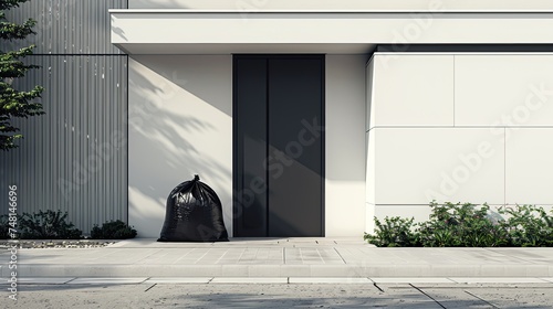 a large black bag of garbage placed conspicuously on the threshold of a sleek, modern house with a pristine white facade. photo