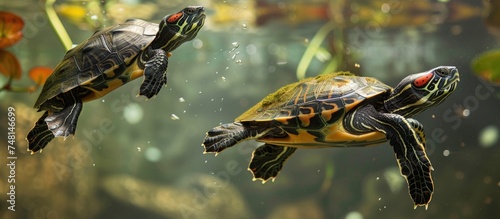 A couple of red-eared turtles gracefully swim in an aquarium filled with crystal clear water, showcasing their natural behavior and movements in captivity. photo