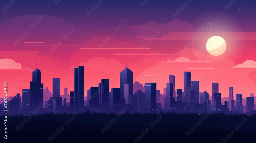 Urban Skyline: A Vibrant Cityscape Illustration with Modern Skyscrapers, Futuristic Neon Lights, and Bright Night Scene