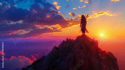 A lone Apache warrior stands tall on a mountain peak his silhouette outlined against the vibrant colors of the setting sun.