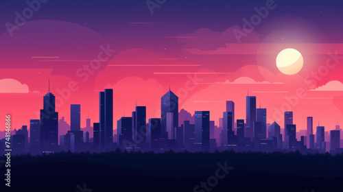 Urban Skyline: A Vibrant Cityscape Illustration with Modern Skyscrapers, Futuristic Neon Lights, and Bright Night Scene © SHOTPRIME STUDIO
