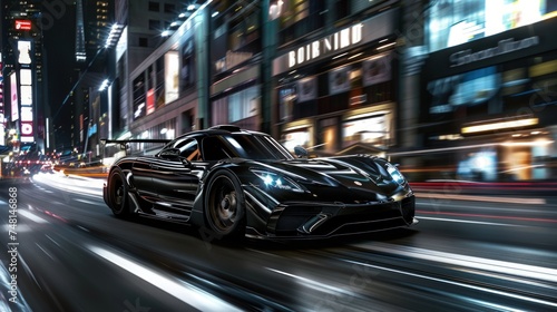 High-speed sports car speeding through the city at night with neon lights. AI generated © Zidan