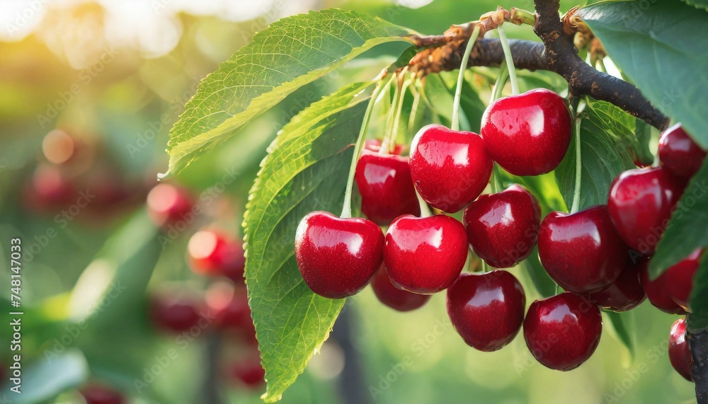 Red cherries on tree in cherry orchard Red cherries on tree in cherry orchard