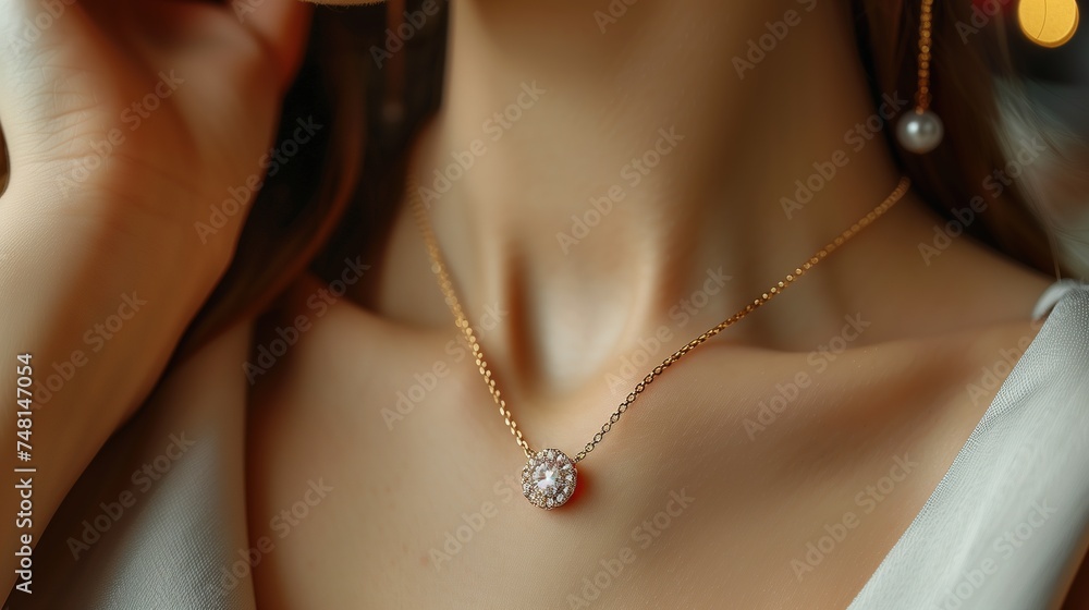 beauty, people and jewelry concept - beautiful young woman wearing shiny diamond pendant