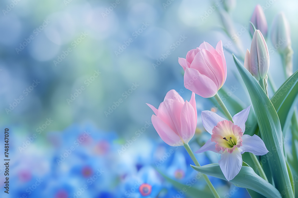 Spring garden tulips in vibrant colors of pink, purple, and red blossoming beautifully with yellow and green leaves, Copy space ready for your product or text.