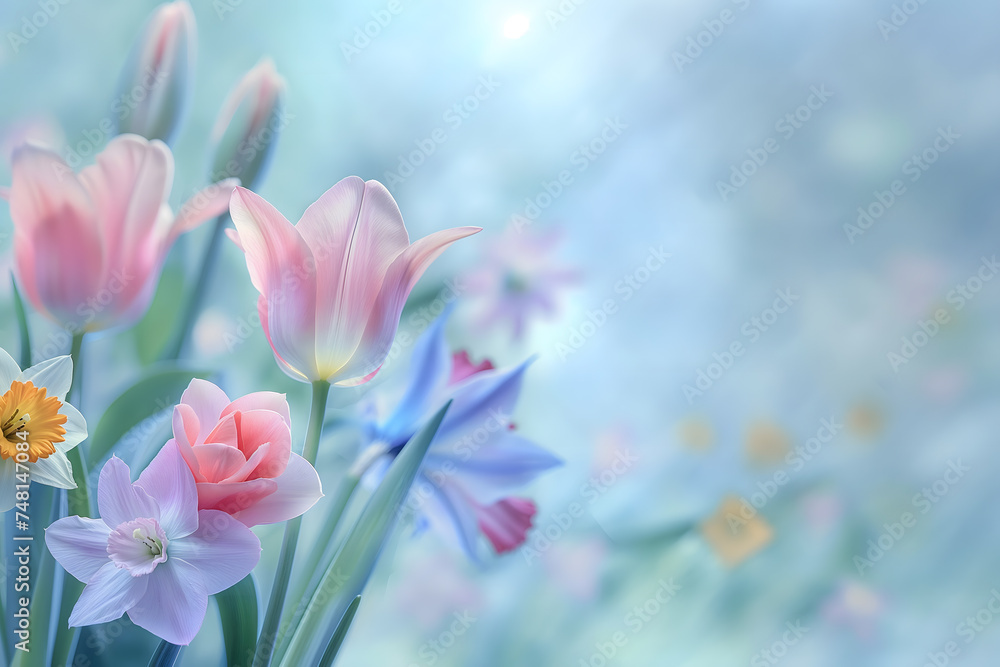 Spring garden blooms with pink tulips, lily, and beautiful floral blossoms on blurry garden background. Copy space ready for your product or text. Spring garden blooms with pink tulips, lily, and beautiful floral blossoms on blurry garden background. Copy space ready for your product or text.
