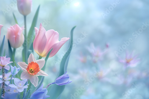 Pink spring flowers bloom in a beautiful garden  showcasing the isolated magnolia  orchid  and lily with white and purple petals  Copy space ready for your product or text.