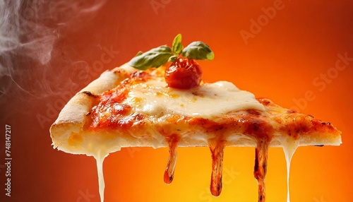 Hot cheese pizza slice with tomato sauce and melty cheese. Flying food  © adobedesigner