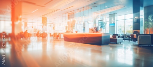 A bustling lobby scene is captured with people walking around. The image is intentionally blurred, capturing the dynamic movement within the space.