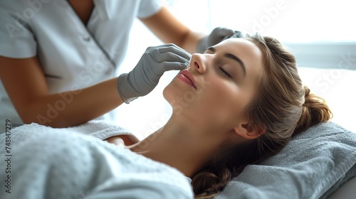 young woman having facial mask spa therapy in beauty salon