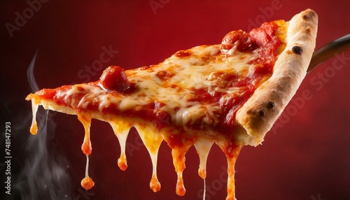 Hot cheese pizza slice with tomato sauce and melty cheese. Flying food