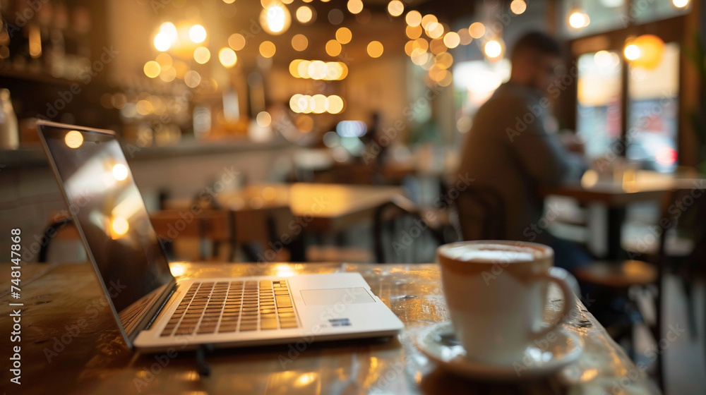 A person working remotely from a café, laptop open and coffee at hand, showcasing the mobility of hybrid work, remote and hybrid work concept, blurred background, with copy space A person working remotely from a café, laptop open and coffee at hand, showcasing the mobility of hybrid work, remote and hybrid work concept, blurred background, with copy space