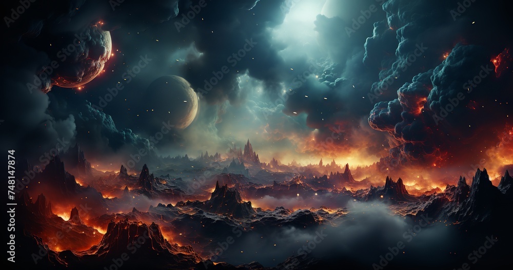 A mesmerizing digital art of a planet engulfed in flames and ash, its surface scorched and ravaged. The planet hangs suspended in the vastness of space