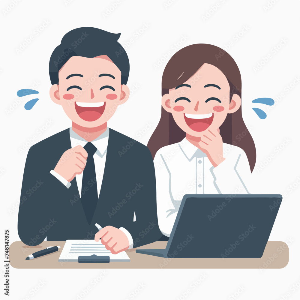 flat design illustration of a working couple joking and laughing happily together flat design illustration of a working couple joking and laughing happily together
