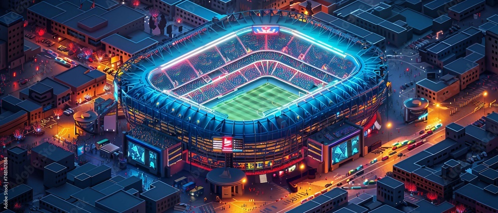 an isometric 3D smart stadium building with a highly technological aesthetic and a dynamic lighting scheme for a truly futuristic and technologically advanced sports arena. 