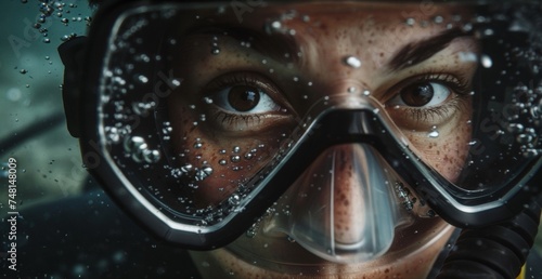 A closeup image of a divers face expression a mix of exhilaration and fear as they descend into the deep knowing the potential dangers and challenges that await .
