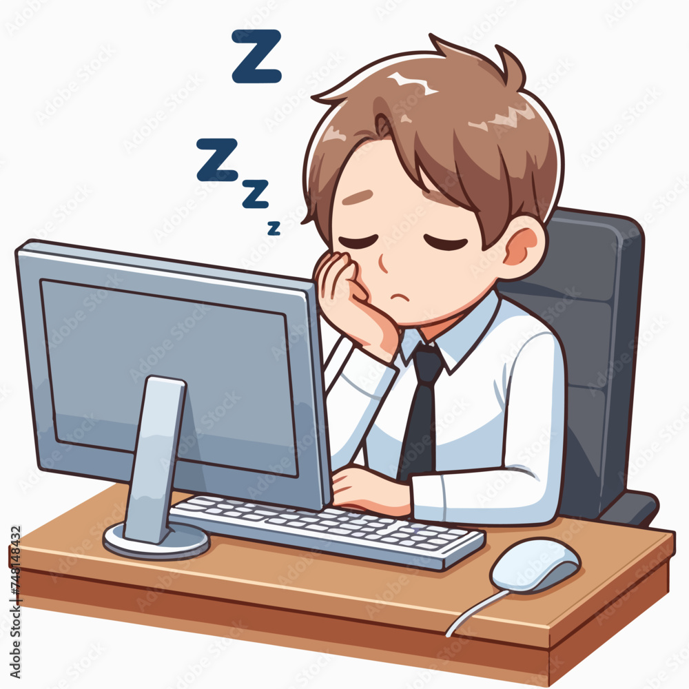 Flat design illustration of a tired man sleeping while working on a computer Flat design illustration of a tired man sleeping while working on a computer
