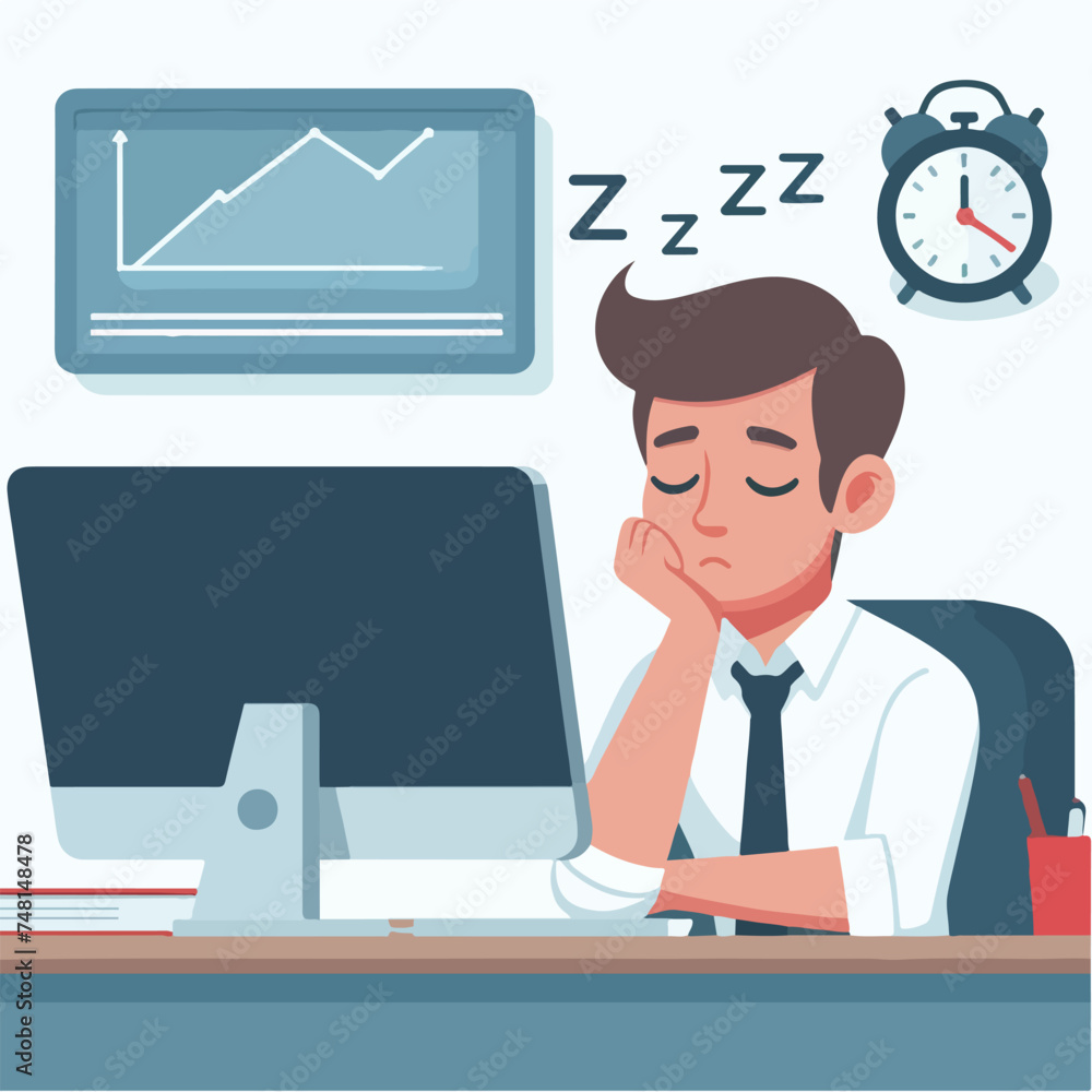 Flat design illustration of the concept of a man falling asleep at work due to fatigue
