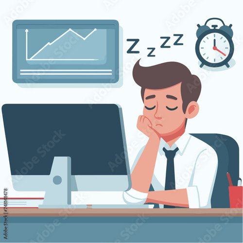 Flat design illustration of the concept of a man falling asleep at work due to fatigue