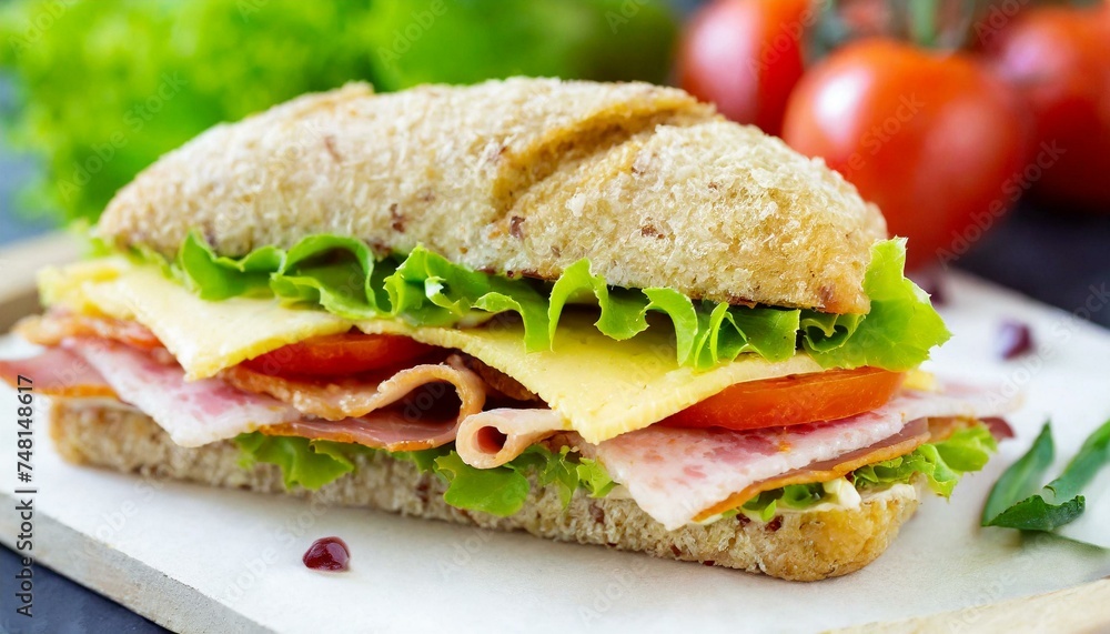 Sandwich Tasty sandwich with ham or bacon cheese tomatoes lettuce and grain bread delicious club sandwich or school lunch breakfast or snack. Sandwich Tasty sandwich with ham or bacon cheese tomatoes lettuce and grain bread delicious club sandwich or school lunch breakfast or snack.