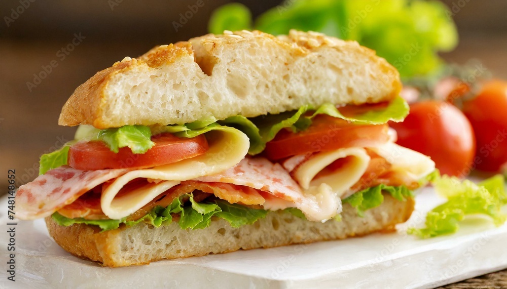 Sandwich Tasty sandwich with ham or bacon cheese tomatoes lettuce and grain bread delicious club sandwich or school lunch breakfast or snack Sandwich Tasty sandwich with ham or bacon cheese tomatoes lettuce and grain bread delicious club sandwich or school lunch breakfast or snack