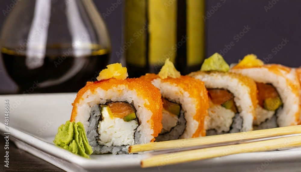 A close up of sushi on a plate with chopsticks and a bottle of wine in the background.