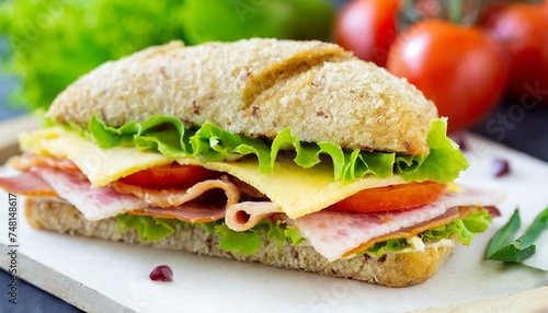 Sandwich Tasty sandwich with ham or bacon cheese tomatoes lettuce and grain bread delicious club sandwich or school lunch breakfast or snack. 