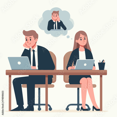 A flat design illustration of the concept of falling in love in the workplace. A couple working together on a laptop