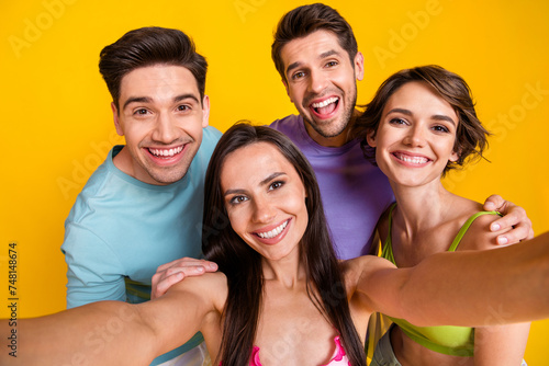 Photo of four people youngsters make selfie on rest relax vacation isolated bright color background