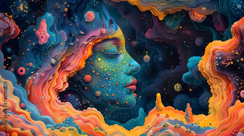 Psychedelic Womans Head in Colorful Cosmic Landscape