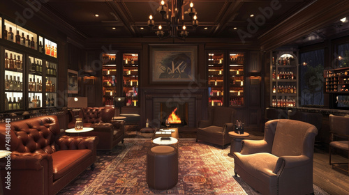 An intimate and cozy space with a cozy fireplace and plush couches showcasing a bar with an extensive collection of rare liquors and artisanal beers catering to the discerning