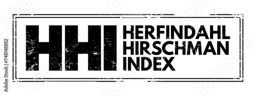 HHI - Herfindahl-Hirschman Index is a common measure of market concentration and is used to determine market competitiveness, acronym business concept stamp photo
