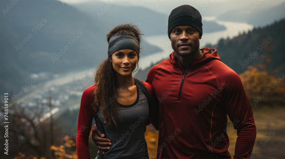Fit young couple out for a trail run on a rainy day