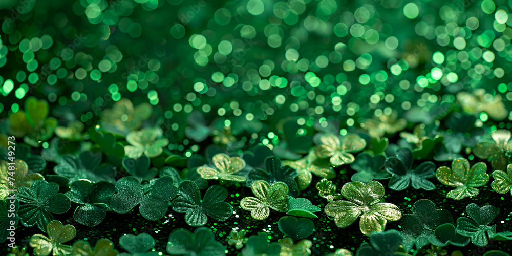 clover leaf bokeh lights defocused for ST Patrick's day celebration abstract background with bokeh lights in shades of green, evoking a tranquil forest setting.