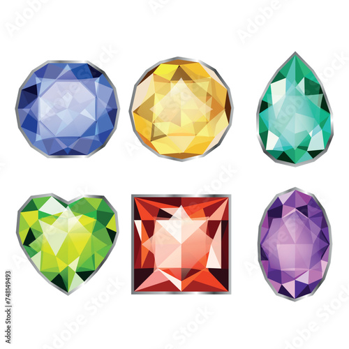 Сolorful gemstones of different types set white isolated background. Colorful shinning brilliants set
