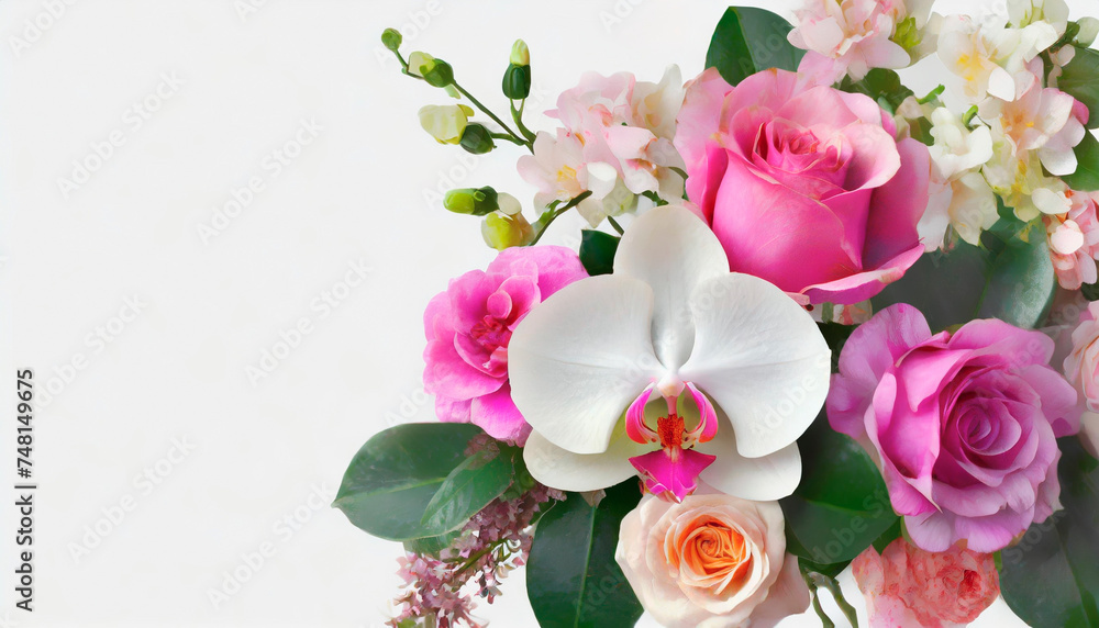 Fototapeta premium Bouquet of roses and orchid isolated on white background, beautiful flowers