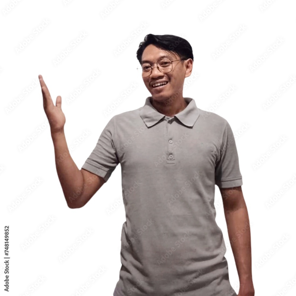 Smile and happy face of Young Asian man with open hand gesture. Advertising model concept with gray T- shirt.isolated on white background Smile and happy face of Young Asian man with open hand gesture. Advertising model concept with gray T- shirt.isolated on white background