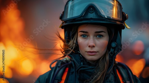 female firefighter in front of the fire centered professional photo copy space. Concept Female firefighter with background fire, professional portrait, copy space