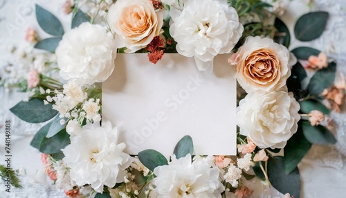 Overhead Floral Border with Blank Card Space. Overhead view of floral border with blank space for text, ideal for romantic events.