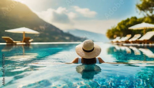Luxury swimming pool spa resort travel honeymoon destination woman relaxing in infinity pool at hotel nature background summer holiday. (
