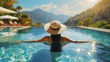  Luxury swimming pool spa resort travel honeymoon destination woman relaxing in infinity pool at hotel nature background summer holiday. 