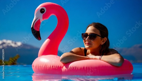 Beach vacation summer caribbean travel woman sunbathing relaxing with swimming pool pink flamingo float. Funny holiday banner.  © adobedesigner
