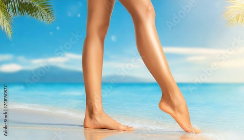 Smooth sun tanned slim legs standing walking on beach ocean banner header. Beauty spa salon background for waxing depilation laser treatment skincare for women