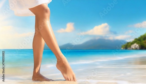 Smooth sun tanned slim legs standing walking on beach ocean banner header. Beauty spa salon background for waxing depilation laser treatment skincare for women
