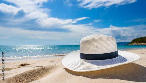 White Straw hat on the beach. Beach holiday concept.