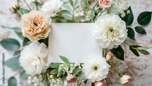 Overhead Floral Border with Blank Card Space. Overhead view of floral border with blank space for text, ideal for romantic events © adobedesigner
