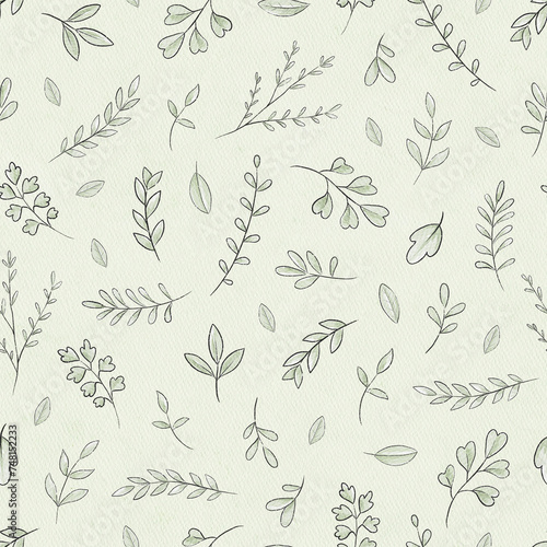 Seamless pattern with varied simple small plants and leaves on green paper texture background. Watercolor hand drawn illustration